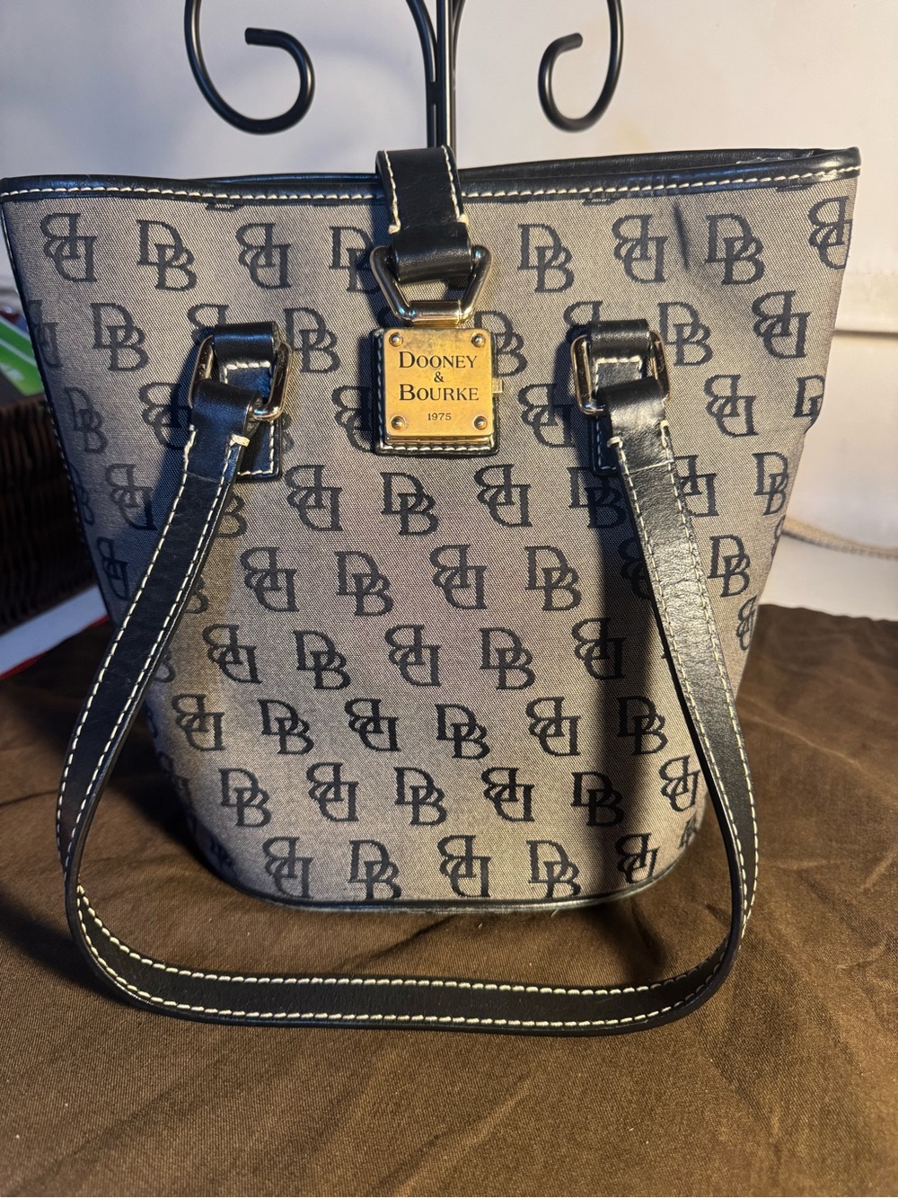 Dooney & Bourke Black and Gray DB Logo Tote with Gold Plate